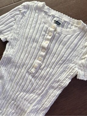 American Eagle Ribbed Knit Button-Front Short Sleeve Top - White